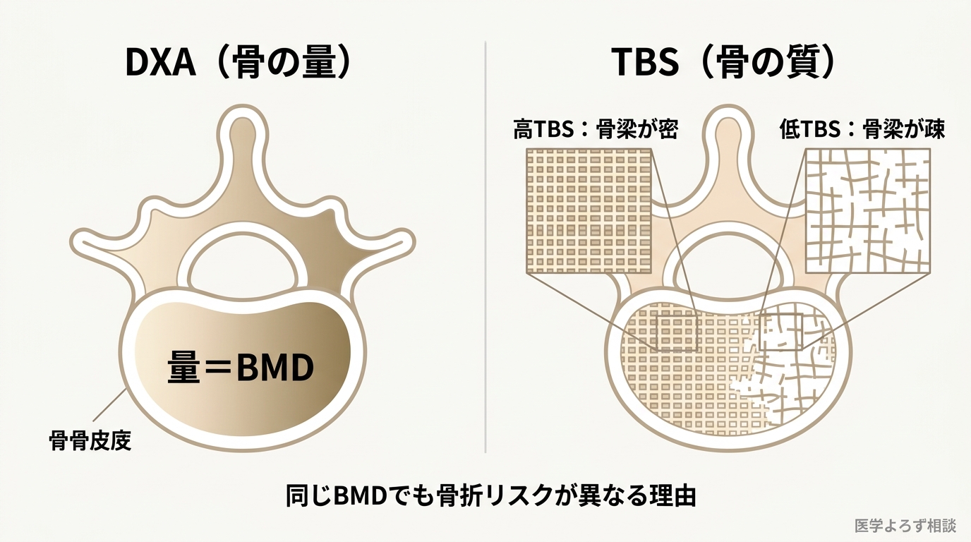 DXA（骨密度＝量）とTBS（骨梁スコア＝質）の違いを示す概念図。同じBMDでも骨梁の微細構造が異なれば骨折リスクが異なる