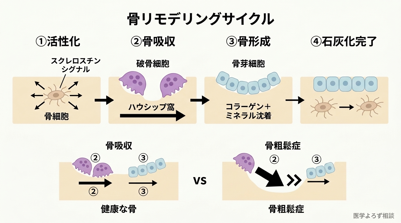 骨リモデリングの4フェーズ（活性化→骨吸収→骨形成→石灰化完了）と、骨粗鬆症では骨吸収が骨形成を上回るアンバランスを示す図