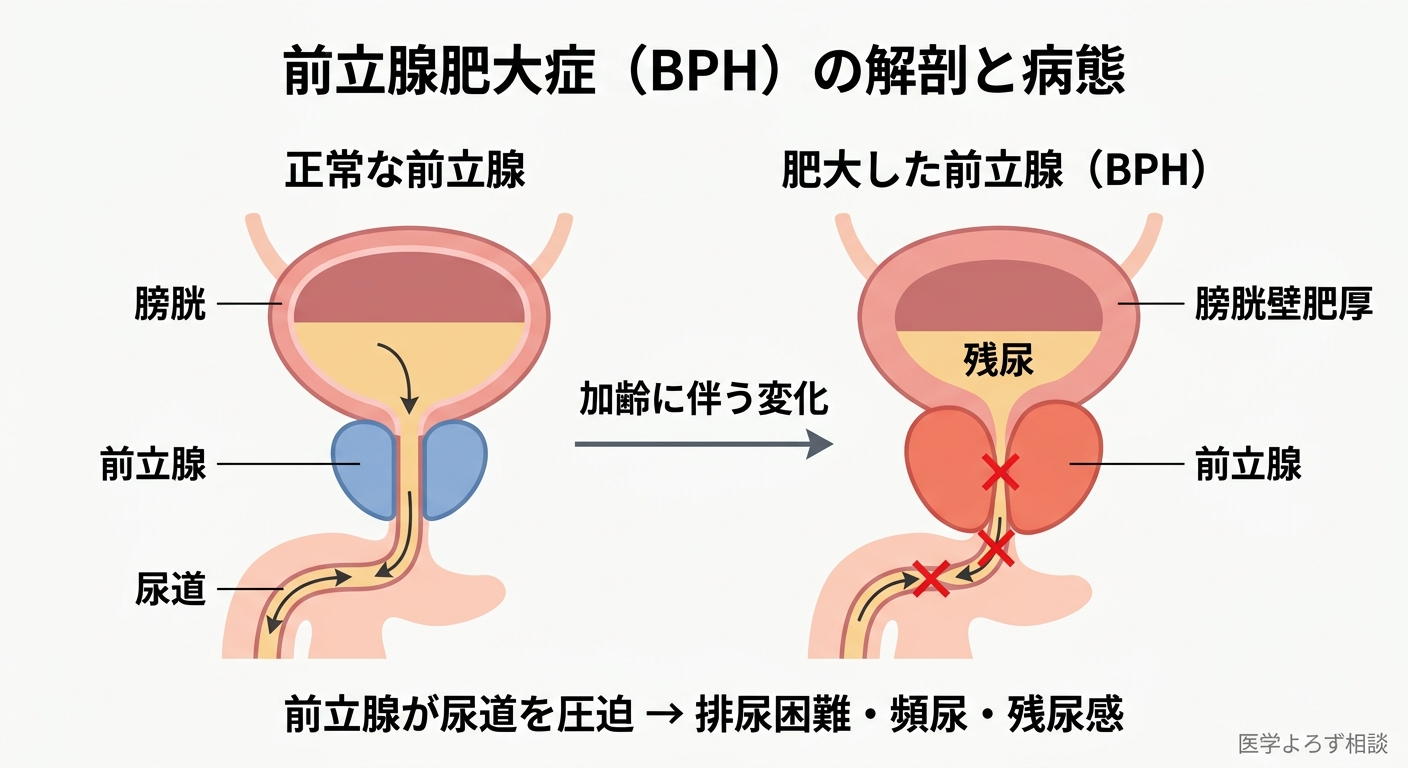 前立腺肥大症（BPH）の解剖と病態：正常な前立腺と肥大した前立腺の比較