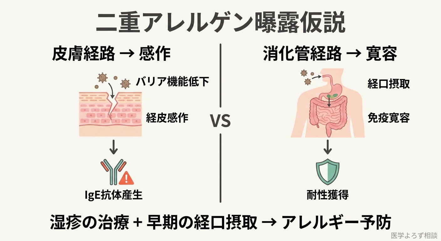 二重アレルゲン曝露仮説の図解。皮膚からの曝露はIgE感作を引き起こし、口からの曝露は免疫寛容を誘導する