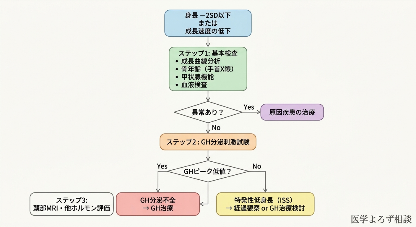 低身長の診断フローチャート。成長曲線評価から基本検査、GH分泌刺激試験、精密検査へと段階的に進む流れを図示