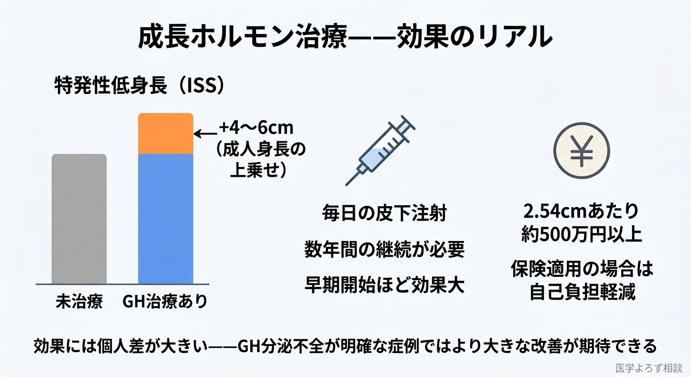 成長ホルモン治療の効果のリアル。特発性低身長で+4〜6cmの成人身長上乗せ、毎日の皮下注射が必要、2.54cmあたり約500万円以上のコスト