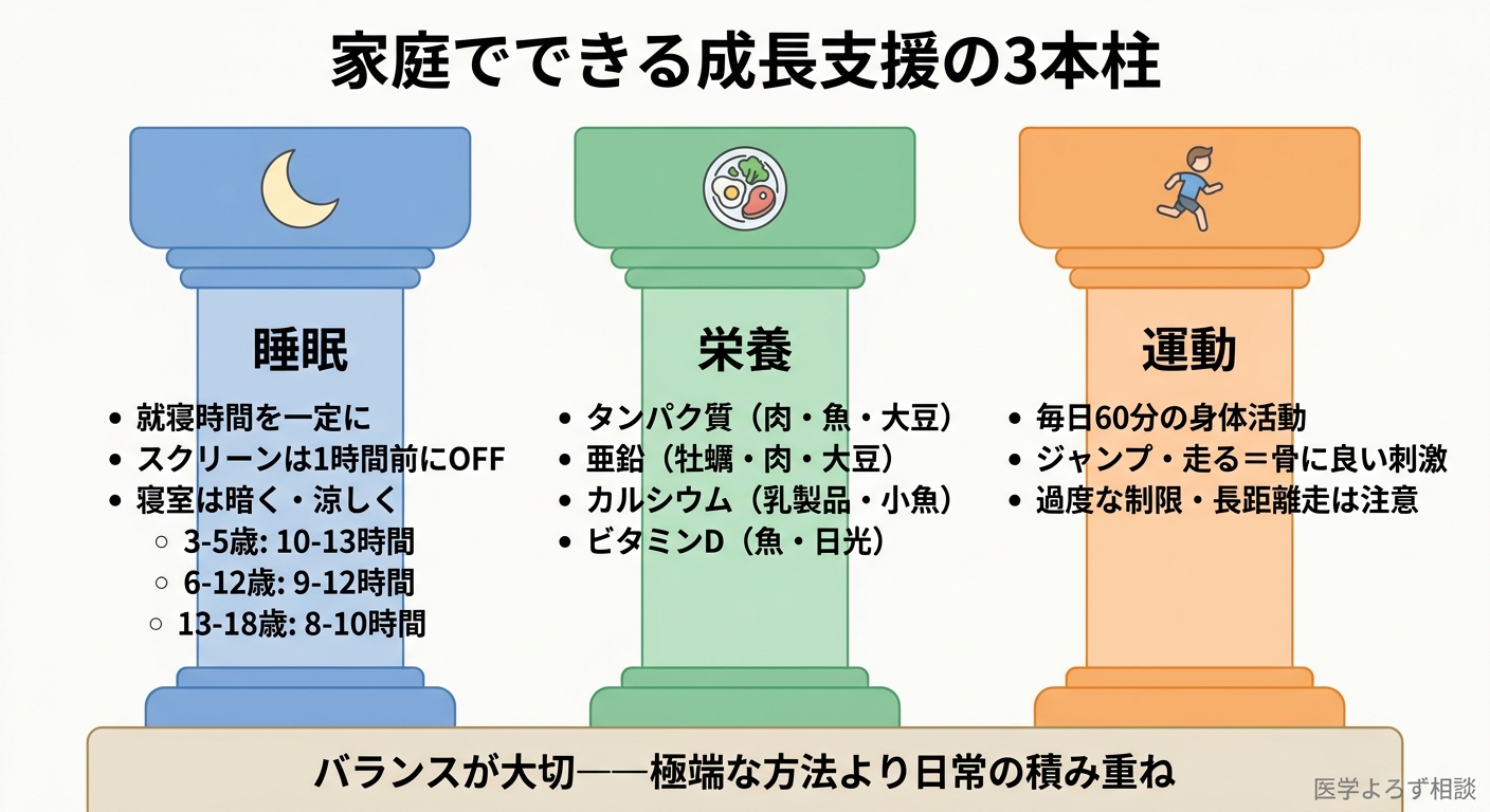 家庭でできる成長支援の3本柱：睡眠・栄養・運動。それぞれの具体的なポイントをまとめたインフォグラフィック