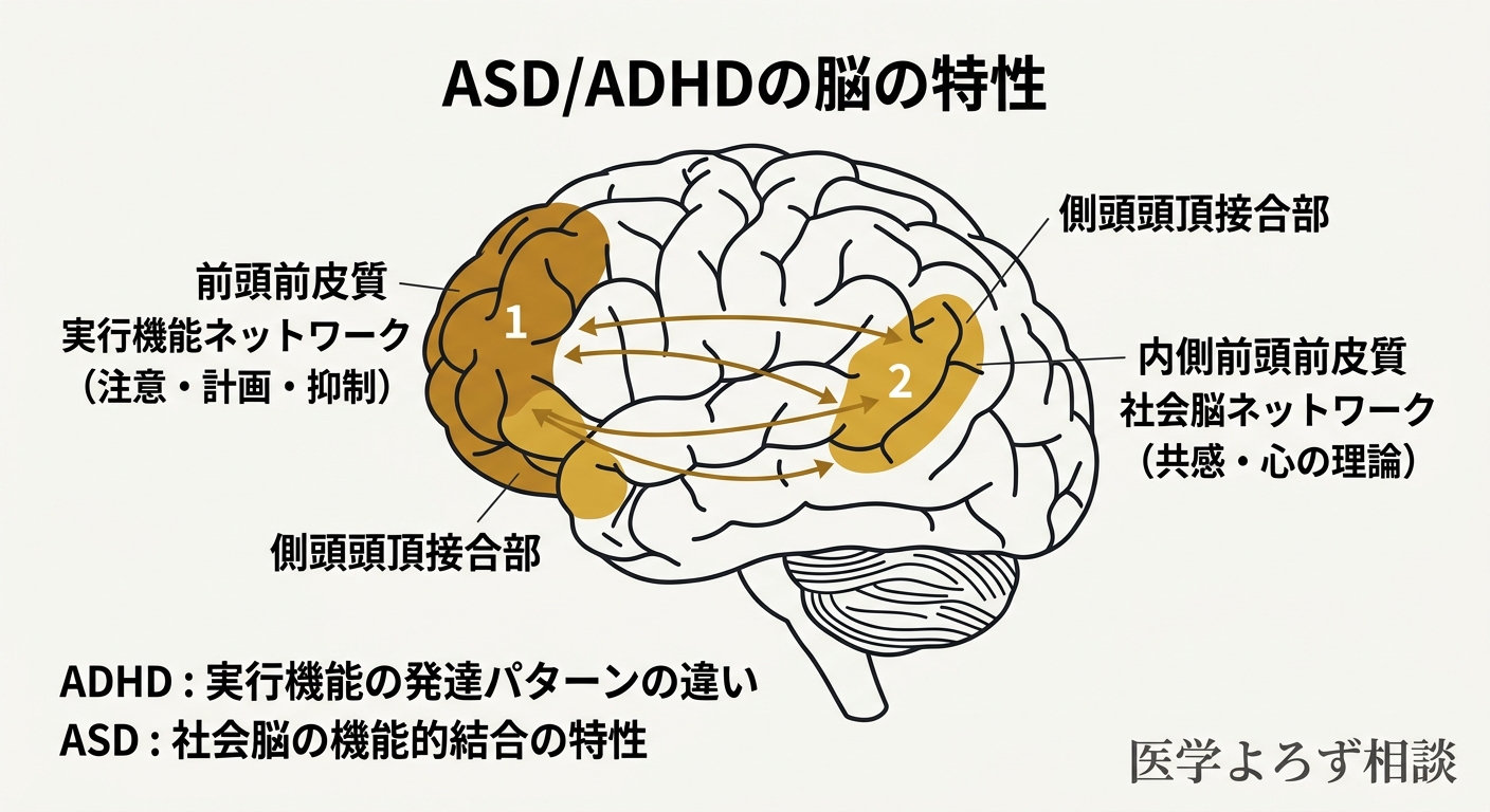 ASD/ADHDの脳の違い。前頭前皮質の実行機能・社会脳ネットワークの発達パターンの違いを示す概念図