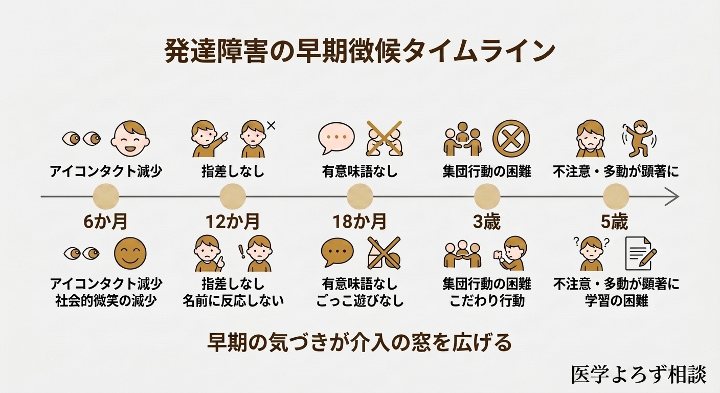 年齢別の早期徴候タイムライン。6か月から5歳までの赤信号となるサインを時系列で示す