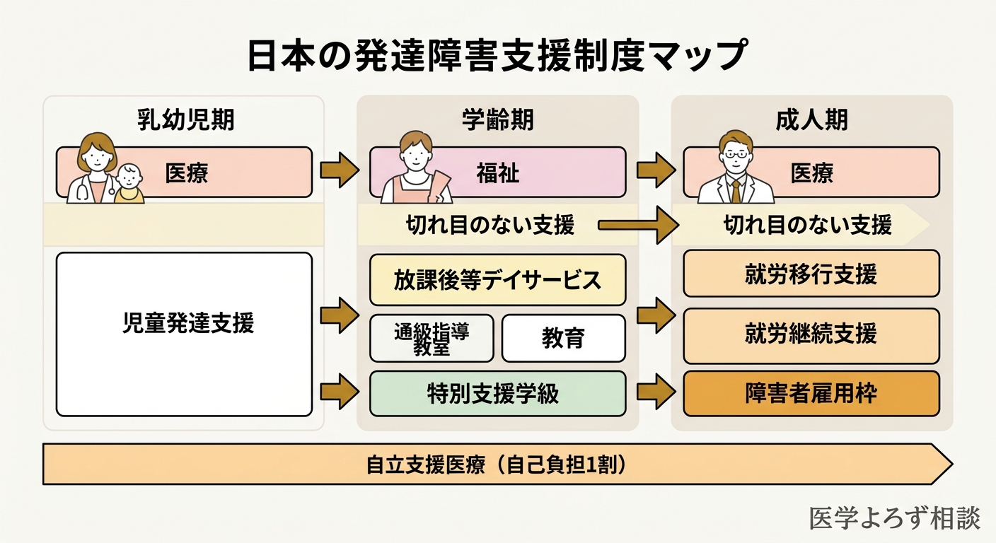 日本の支援制度マップ。療育、特別支援教育、福祉制度の全体像を示すフロー図
