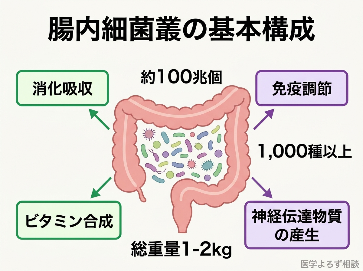 腸内細菌叢の構成と主な機能を示す図。100兆個の細菌が消化吸収、免疫調節、代謝物産生などを担う