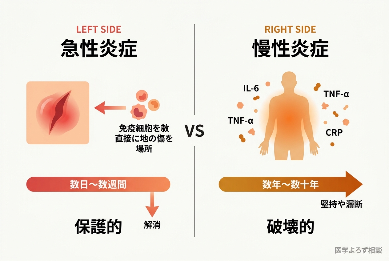 急性炎症と慢性炎症の違いを比較した図解