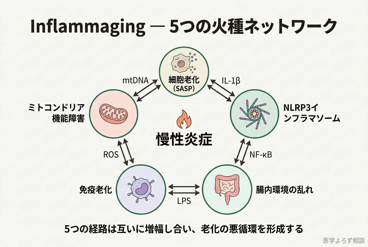 Inflammagingの5つの火種が相互に連結するネットワーク図