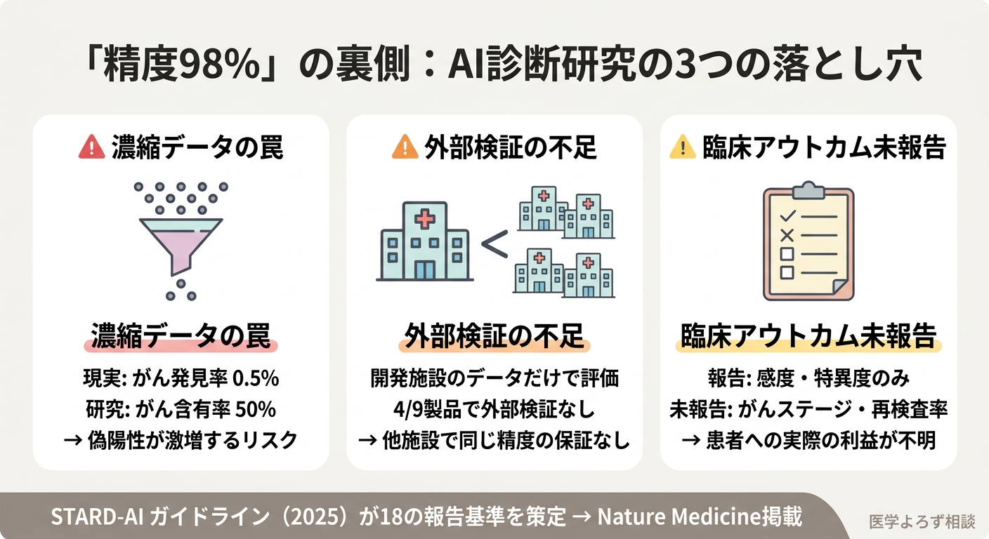 AI診断研究のエビデンスの質の問題を示す図。濃縮データ、内部検証のみ、臨床アウトカム未報告が主な課題