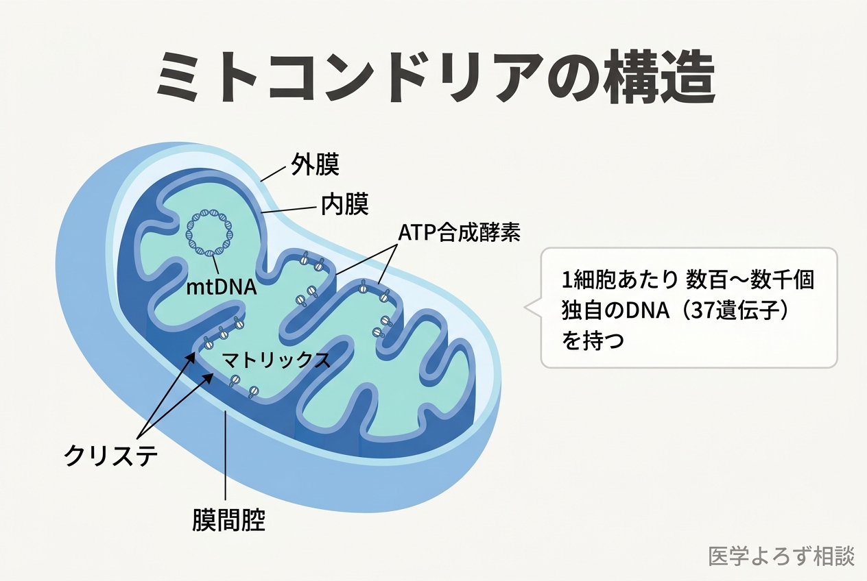 ミトコンドリアの構造図。外膜、内膜、クリステ、マトリックス、mtDNAの位置関係を示す