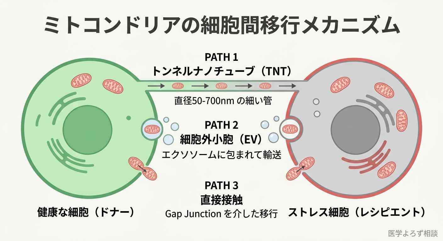 ミトコンドリアの3つの細胞間移行メカニズムの図解。トンネルナノチューブ、細胞外小胞、直接接触