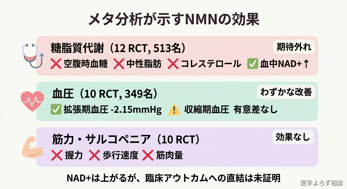 3件のメタ分析結果まとめ：糖脂質代謝は期待外れ、血圧はわずかな改善、筋力は効果なし