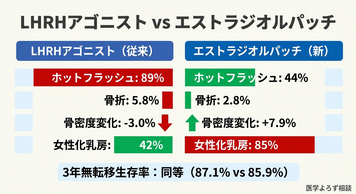 従来のADT副作用とエストラジオルパッチのメリットを比較した図