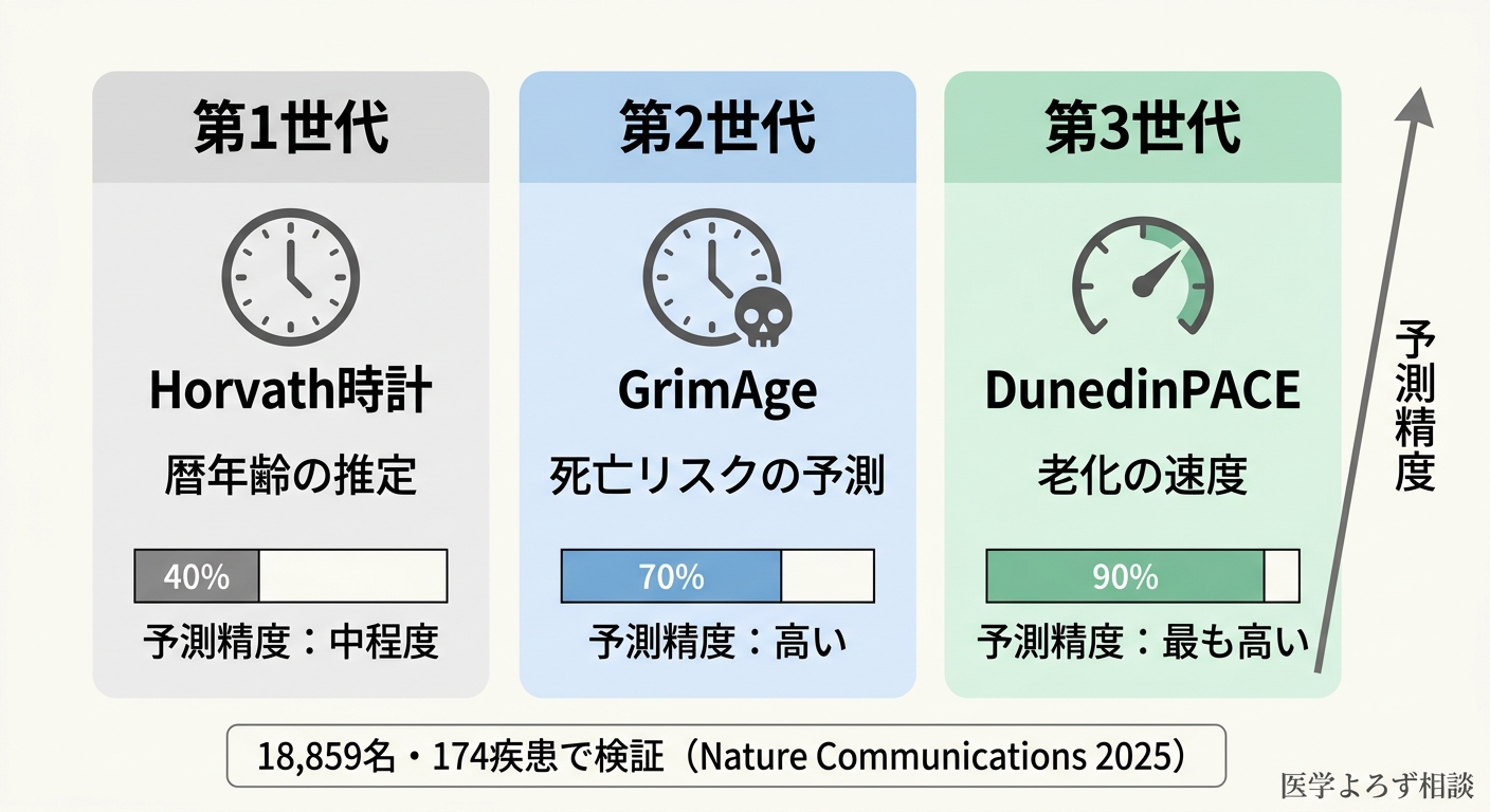 エピジェネティック時計の世代比較。第1世代Horvath、第2世代GrimAge、第3世代DunedinPACEの予測精度と測定対象の違いを比較した図