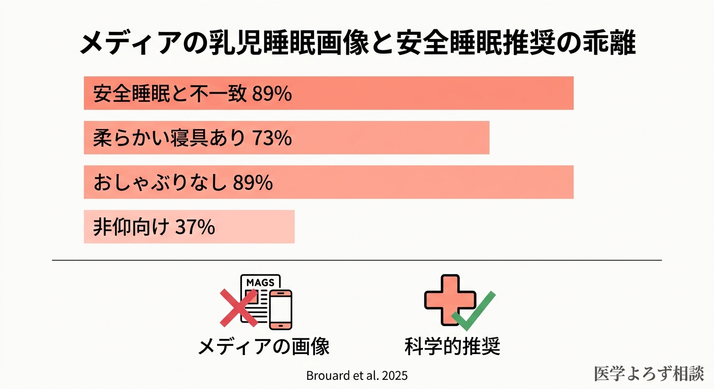 メディアの乳児睡眠画像と安全睡眠推奨の不一致率を示す棒グラフ