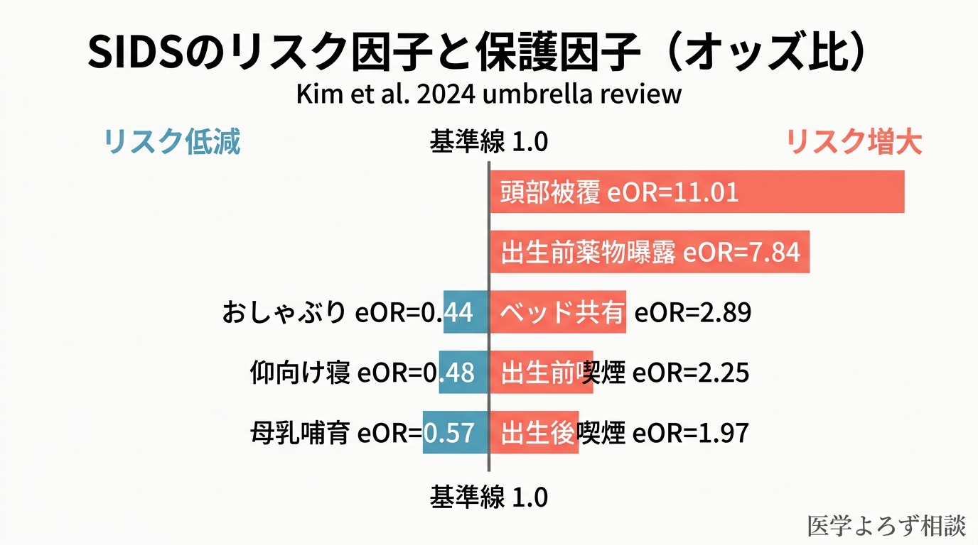 SIDSのリスク因子と保護因子のオッズ比を示す横棒グラフ