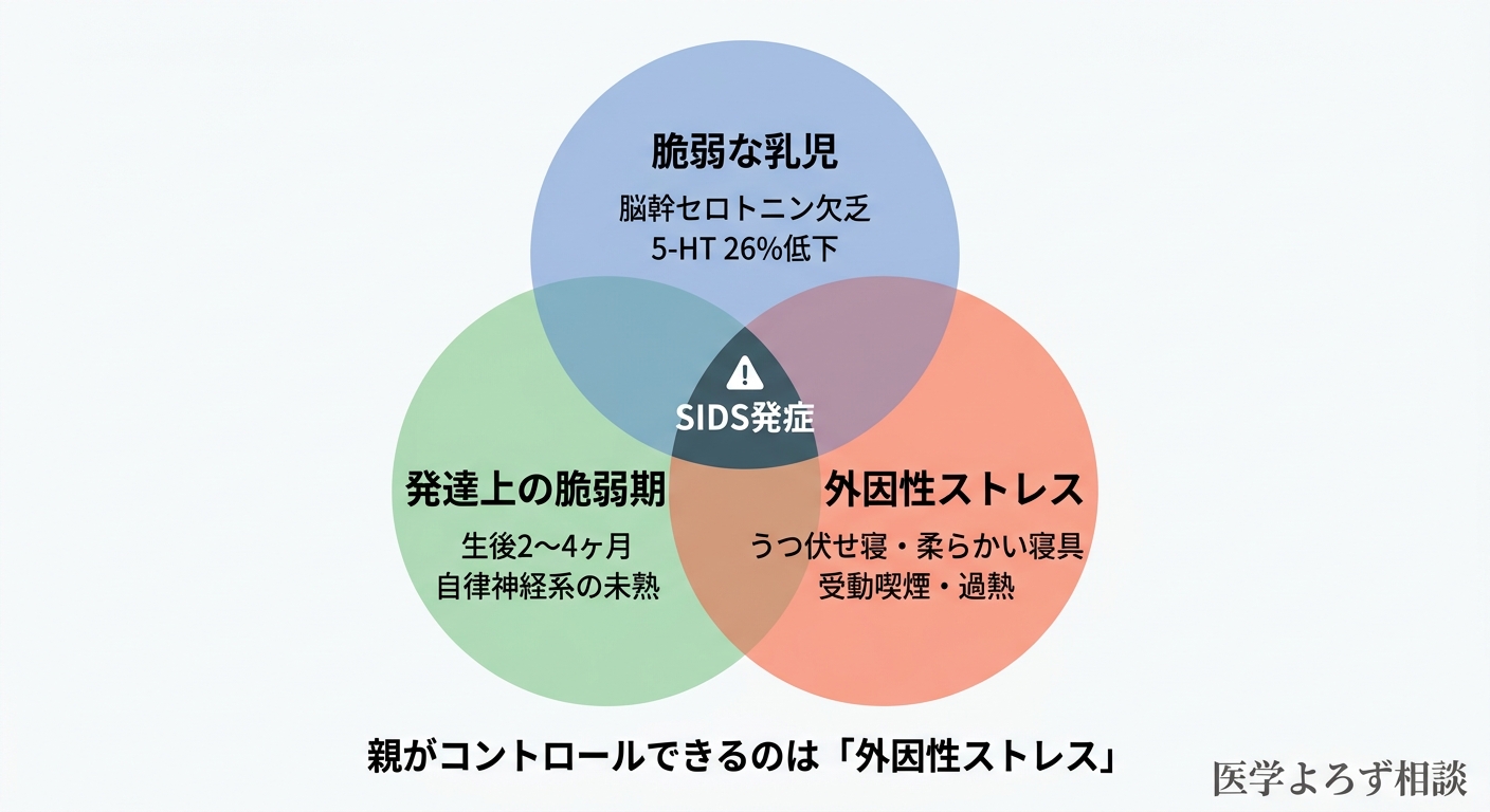 SIDSのトリプルリスクモデル：脆弱な乳児、発達上の脆弱期、外因性ストレスの3つの円が重なる図