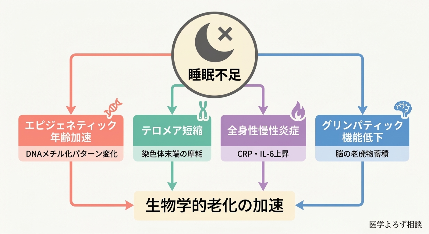 睡眠不足が4つの経路（エピジェネティック年齢加速、テロメア短縮、全身性炎症、グリンパティック機能低下）を通じて生物学的老化を加速するメカニズム図