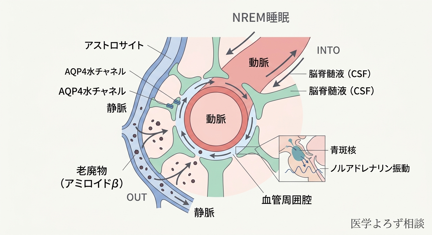 グリンパティック系の仕組みを示す模式図。NREM睡眠中にノルアドレナリン振動が血管運動を駆動し、脳脊髄液が老廃物を洗い流す