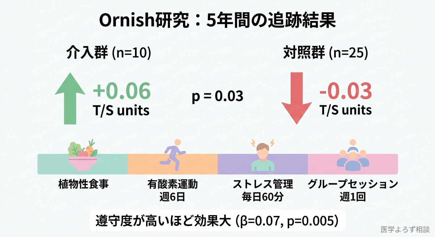 Ornish研究の5年追跡結果：介入群でテロメア長が増加、対照群で減少、4つの生活習慣介入内容